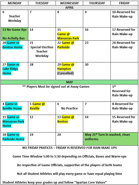 Girls Soccer - Updated 2026 Spring Calendar
