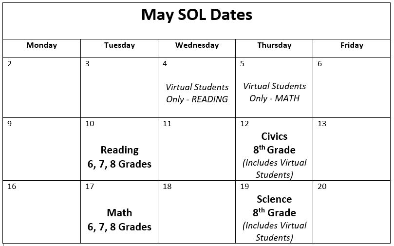May SOL Dates at Saunders Middle